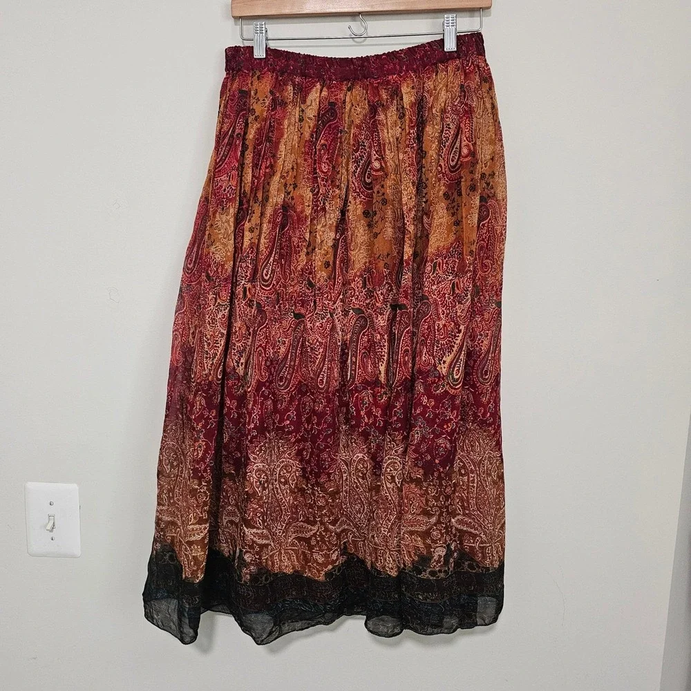 VTG Crinkle Rayon Midi Skirt Medium Red Paisley Boho Flowy Witchy Forest Fairy
